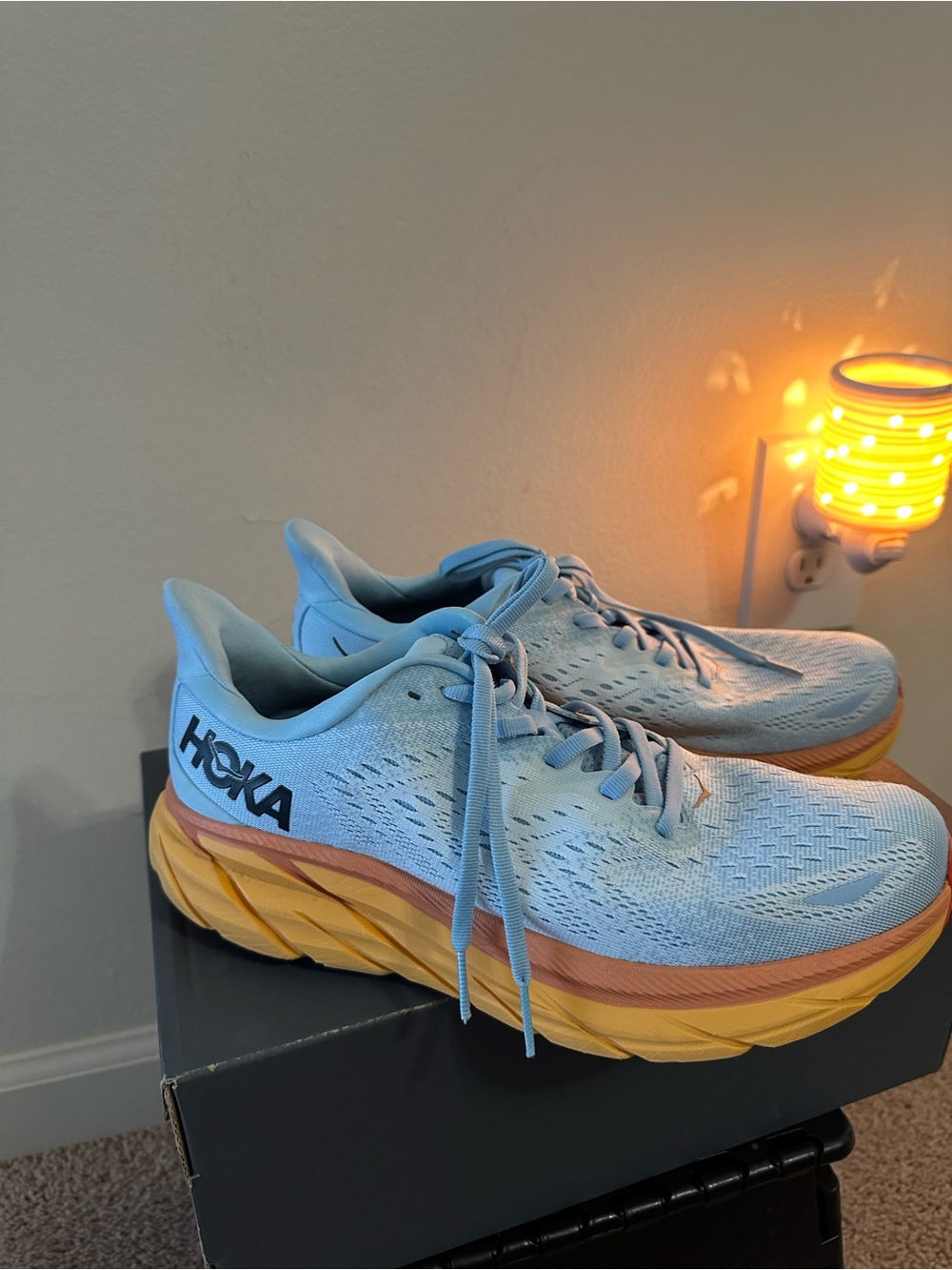 Hoka Clifton 8, Women's Light Blue and Yellow Athletic Running Shoes. Size 9.5